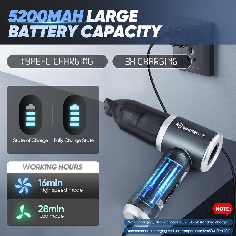 SakerPlus Mini Vacuum Cleaner, 3 in 1 Cordless Handheld Vacuum Cleaner, 13000Pa High Power Car Vacuum Cleaner with Brushless Motor,Adjustable Car Vaccum Portable Cordless for Cars,Desktop-DBS03 - Image 5